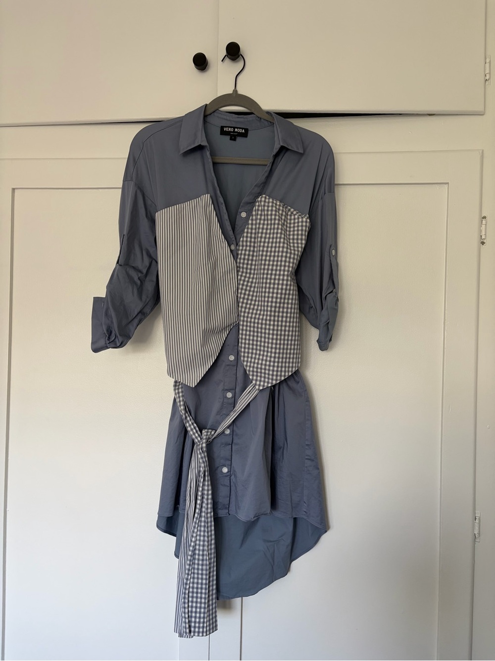 Vero Moda Slate Blue Mixed-Panel High-Low Shirt Dress